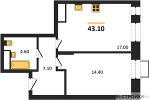 Планировка однокомнатной(квартира) площадью 43.1 квадратных метров в “ЖК Первый Московский”