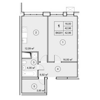 Планировка однокомнатной(квартира) площадью 42.96 квадратных метров в “ЖК Экоград Новый Катуар”