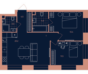 Планировка трехкомнатной(квартира) площадью 61.5 квадратных метров в ЖК “Квартал Эра”