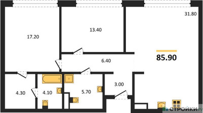 Планировка двухкомнатной(квартира) площадью 85.9 квадратных метров в ЖК “ЖК Vnukovo Country Club (Внуково Кантри Клаб)”