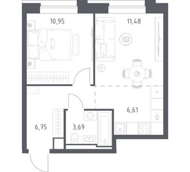 Планировка однокомнатной(квартира) площадью 39.48 квадратных метров в ЖК “ЖК Верейская 41”