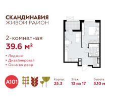 Планировка двухкомнатной(квартира) площадью 39.6 квадратных метров в “ЖК Скандинавия”