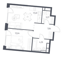 Планировка однокомнатной(квартира) площадью 44.72 квадратных метров в “ЖК Квартал на воде (Графика на воде)”