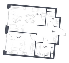 Планировка однокомнатной(квартира) площадью 44.72 квадратных метров в ЖК “ЖК Квартал на воде (Графика на воде)”