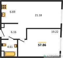 Планировка однокомнатной(квартира) площадью 57.86 квадратных метров в “Квартал Foriver”