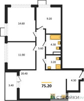 Планировка трехкомнатной(квартира) площадью 75.2 квадратных метров в “ЖК Деснаречье”