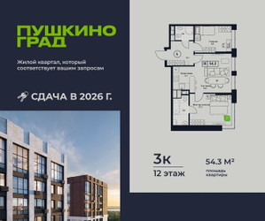 Планировка трехкомнатной(квартира) площадью 54.3 квадратных метров в ЖК “ЖК Пушкино Град”