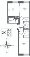 Планировка двухкомнатной(квартира) площадью 54.1 квадратных метров в “ЖК КИНОКВАРТАЛ”
