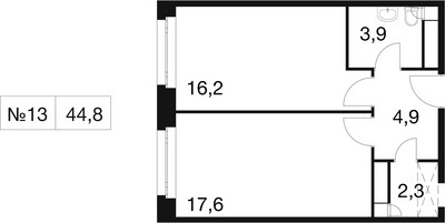 Планировка однокомнатной(квартира) площадью 44.1 квадратных метров в ЖК “ЖК Идеал”