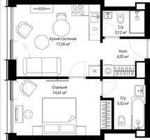 Планировка однокомнатной(квартира) площадью 43.3 квадратных метров в “ЖК Сити Бэй”