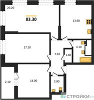 Планировка трехкомнатной(квартира) площадью 83.3 квадратных метров в “ЖК Рассказово”
