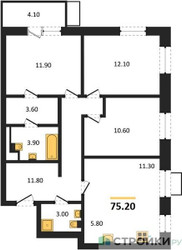 Планировка трехкомнатной(квартира) площадью 75.2 квадратных метров в ЖК “ЖК Союзный”