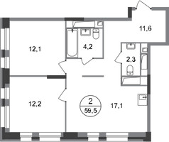 Планировка двухкомнатной(квартира) площадью 59.5 квадратных метров в “ЖК Первый Московский”