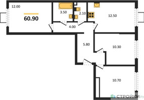 Планировка трехкомнатной(квартира) площадью 60.9 квадратных метров в “ЖК Лучи-2”
