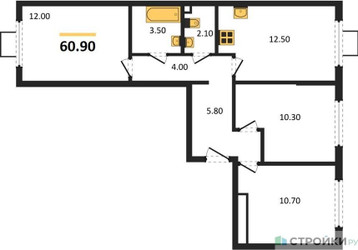 Планировка трехкомнатной(квартира) площадью 60.9 квадратных метров в ЖК “ЖК Лучи-2”