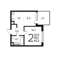 Планировка двухкомнатной(квартира) площадью 42.2 квадратных метров в “Новые Ватутинки. Заречный”