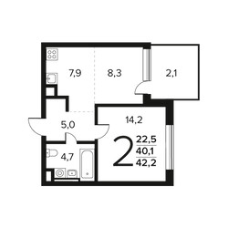 Планировка двухкомнатной(квартира) площадью 42.2 квадратных метров в ЖК “Новые Ватутинки. Заречный”