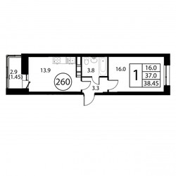 Планировка однокомнатной(квартира) площадью 38.5 квадратных метров в ЖК “ЖК Космос”