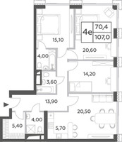 Планировка 4+ комнатной(квартира) площадью 107 квадратных метров в “ЖК Will Towers (Вилл Тауэрс)”