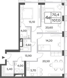 Планировка 4+ комнатной(квартира) площадью 107 квадратных метров в ЖК “ЖК Will Towers (Вилл Тауэрс)”