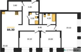 Планировка трехкомнатной(квартира) площадью 84.3 квадратных метров в “ЖК Первый Московский”