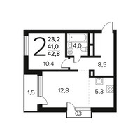 Планировка двухкомнатной(квартира) площадью 42.8 квадратных метров в “Новые Ватутинки. Заречный”