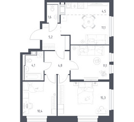 Планировка трехкомнатной(квартира) площадью 67.2 квадратных метров в ЖК “ЖК Мытищи Парк”