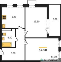 Планировка двухкомнатной(квартира) площадью 52.1 квадратных метров в “ЖК Скандинавия”