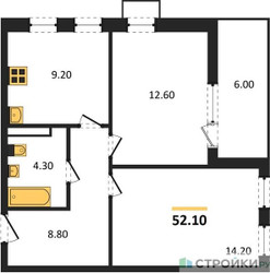 Планировка двухкомнатной(квартира) площадью 52.1 квадратных метров в ЖК “ЖК Скандинавия”