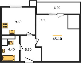 Планировка однокомнатной(квартира) площадью 42.4 квадратных метров в ЖК “ЖК Парк Легенд 2”