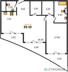 Планировка однокомнатной(квартира) площадью 69.5 квадратных метров в ЖК “ЖК OPUS (Опус)”