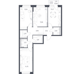 Планировка трехкомнатной(квартира) площадью 78.92 квадратных метров в ЖК “ЖК Новое Видное”