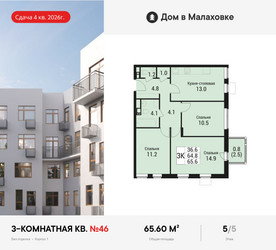 Планировка трехкомнатной(квартира) площадью 65.6 квадратных метров в ЖК “ЖК Дом в Малаховке”