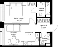 Планировка однокомнатной(квартира) площадью 39.63 квадратных метров в “ЖК Веер”