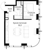 Планировка однокомнатной(квартира) площадью 50.8 квадратных метров в “ЖК Сити Бэй”