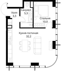 Планировка однокомнатной(квартира) площадью 50.8 квадратных метров в ЖК “ЖК Сити Бэй”