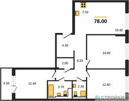 Планировка трехкомнатной(квартира) площадью 78 квадратных метров в “ЖК Заречье Парк”