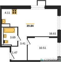 Планировка однокомнатной(квартира) площадью 39.8 квадратных метров в “ЖК Пригород Лесное”