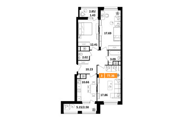 Планировка трехкомнатной(квартира) площадью 77.4 квадратных метров в ЖК “ЖК Планерный Квартал”