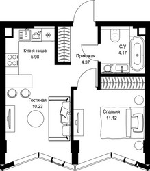 Планировка однокомнатной(квартира) площадью 35.87 квадратных метров в ЖК “Дом премиум-класса МИРА”