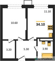 Планировка однокомнатной(квартира) площадью 34.1 квадратных метров в “ЖК Видный берег 2”