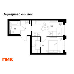 Планировка однокомнатной(квартира) площадью 34.1 квадратных метров в ЖК “ЖК Середневский лес”