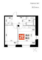 Планировка двухкомнатной(квартира) площадью 50.3 квадратных метров в “ЖК Мытищи Сити”