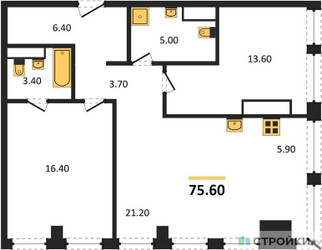 Планировка двухкомнатной(квартира) площадью 75.6 квадратных метров в ЖК “ЖК Emotion (Эмоушен)”