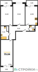 Планировка трехкомнатной(квартира) площадью 79.04 квадратных метров в ЖК “ЖК Светлый мир БиоПолис”