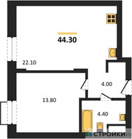 Планировка однокомнатной(квартира) площадью 44.3 квадратных метров в “ЖК Резиденции Сколково”