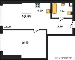Планировка однокомнатной(квартира) площадью 43.44 квадратных метров в “ЖК Солос”