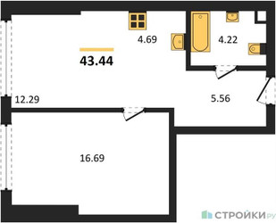 Планировка однокомнатной(квартира) площадью 43.44 квадратных метров в ЖК “ЖК Солос”
