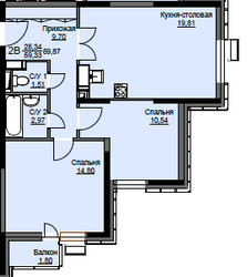 Планировка двухкомнатной(квартира) площадью 60.4 квадратных метров в ЖК “ЖК Соболевка”