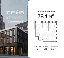 Планировка трехкомнатной(квартира) площадью 79.4 квадратных метров в “ЖК ПЕЙВ”